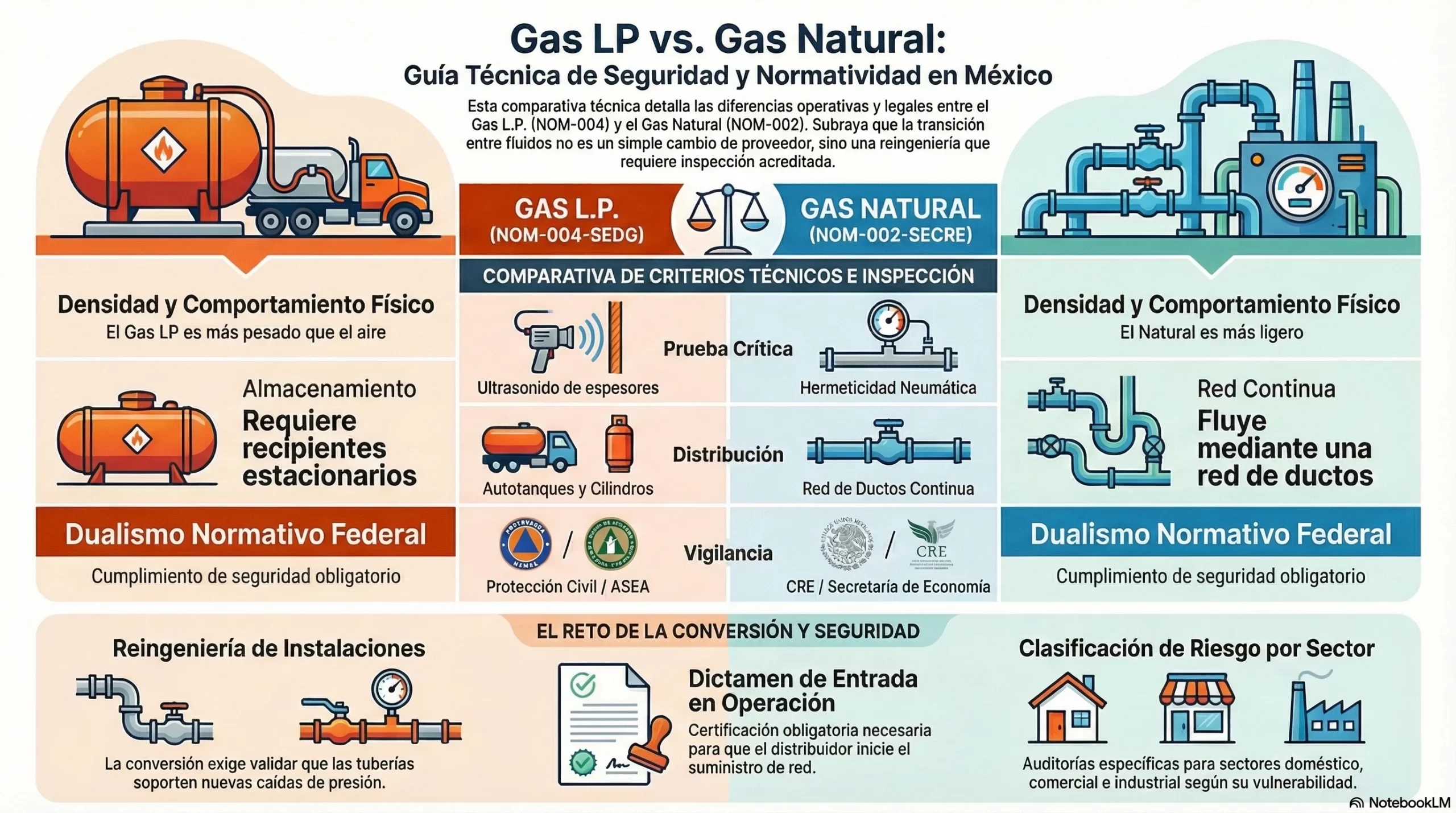 Comparativa técnica: Gas LP vs Gas Natural - Requisitos de dictaminación por sector según NOM-004-SEDG-2004